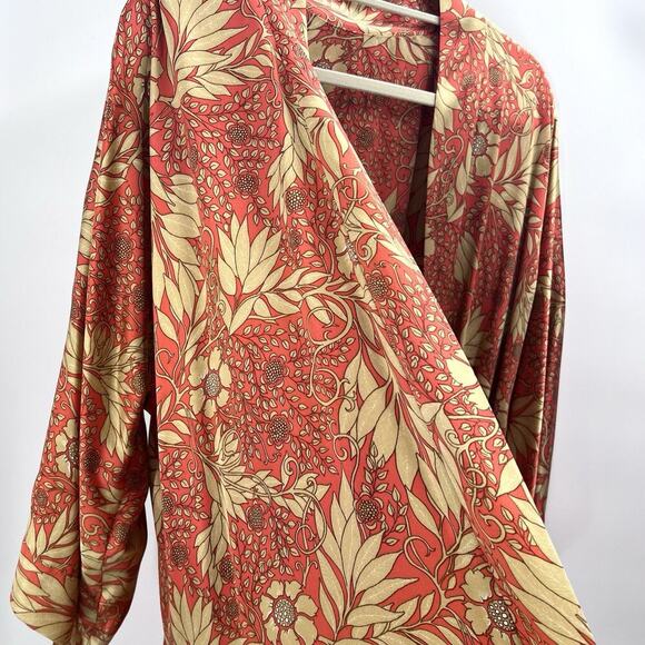 Vintage Custom Boho Colorful Orange Gold Floral Silk Kimono Cardigan - Picture 5 of 7